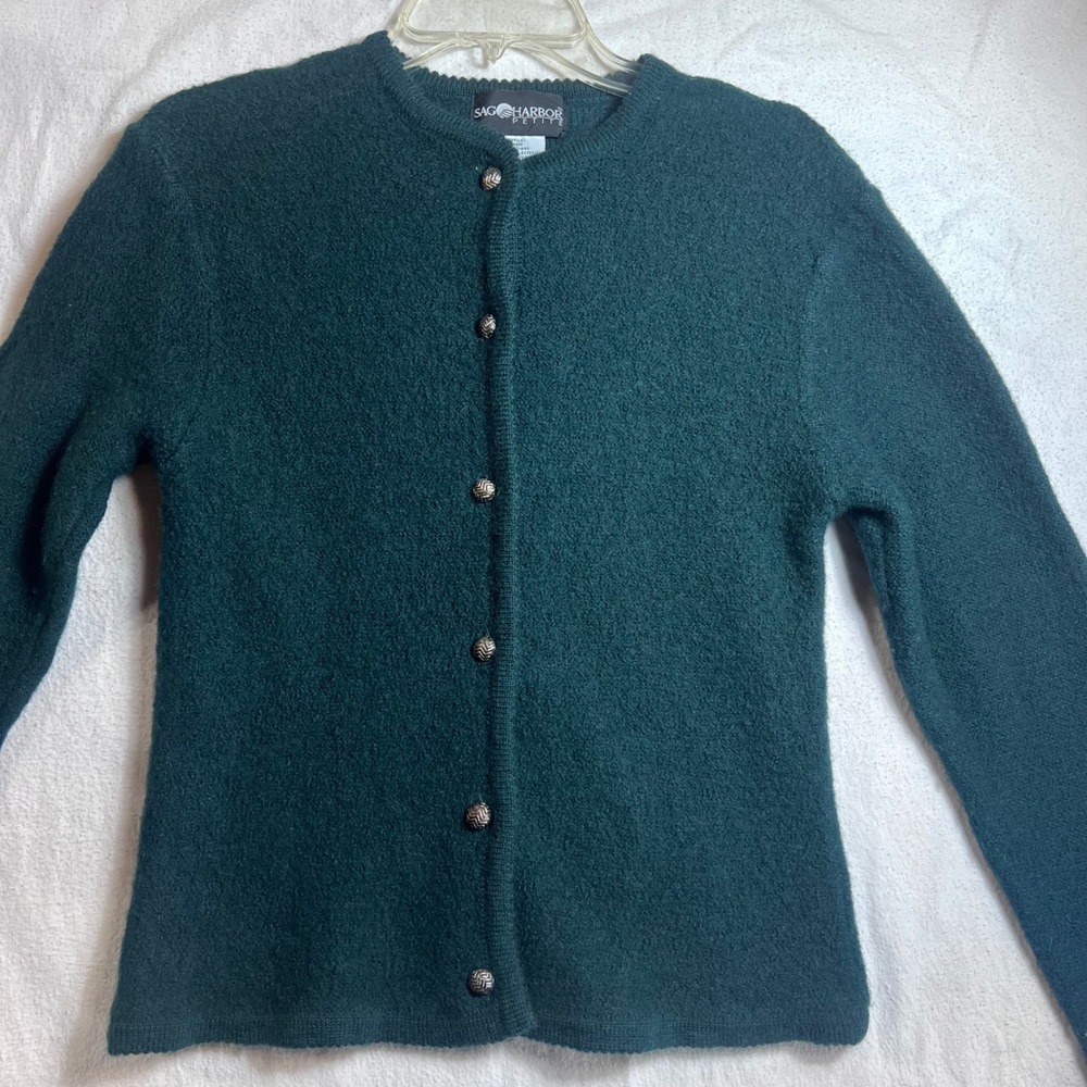 Sag Harbor Petite Womens Medium Wool Cardigan Sweater Teal Green F82080